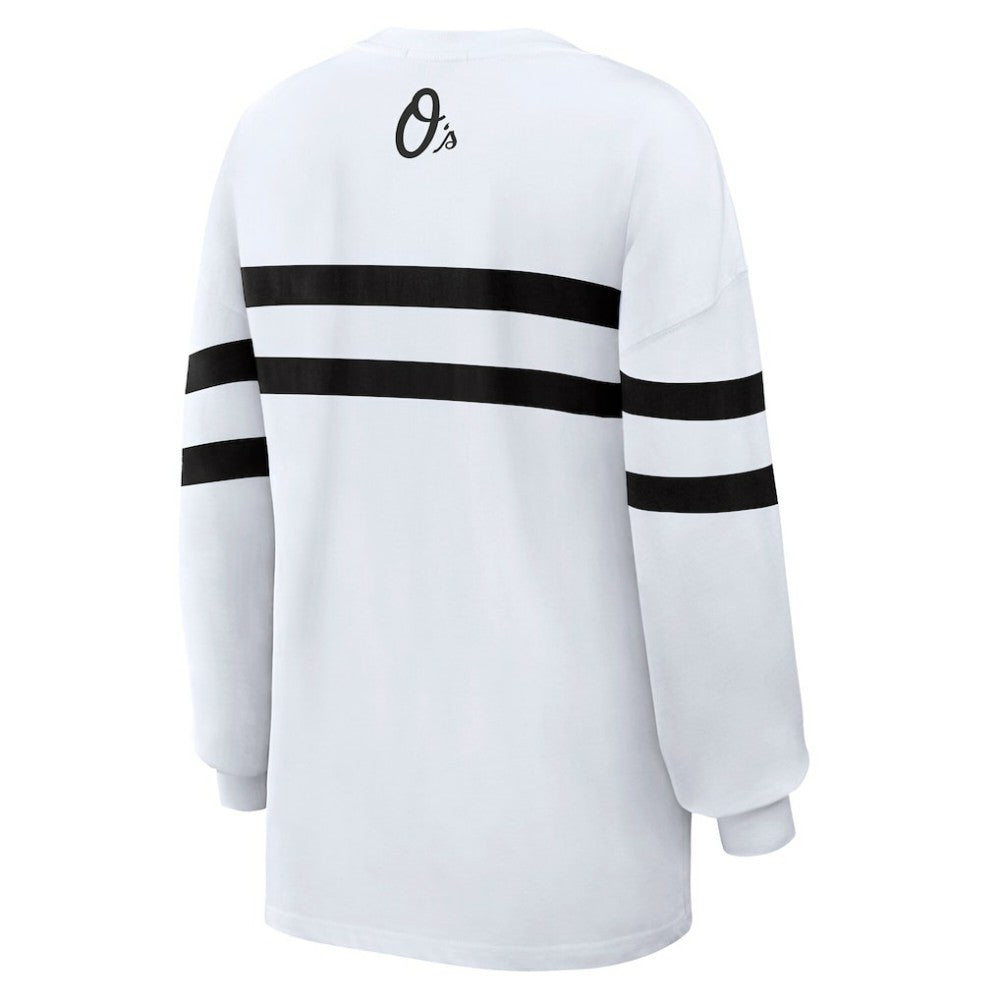 Baltimore Orioles WEAR by Erin Andrews Women's Oversized Long Sleeve Striped T-Shirt White