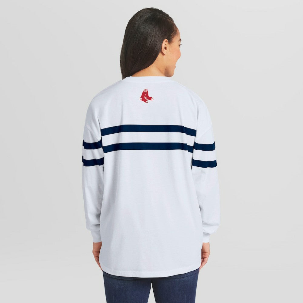 Boston Red Sox WEAR by Erin Andrews Women's Oversized Long Sleeve Striped T-Shirt White