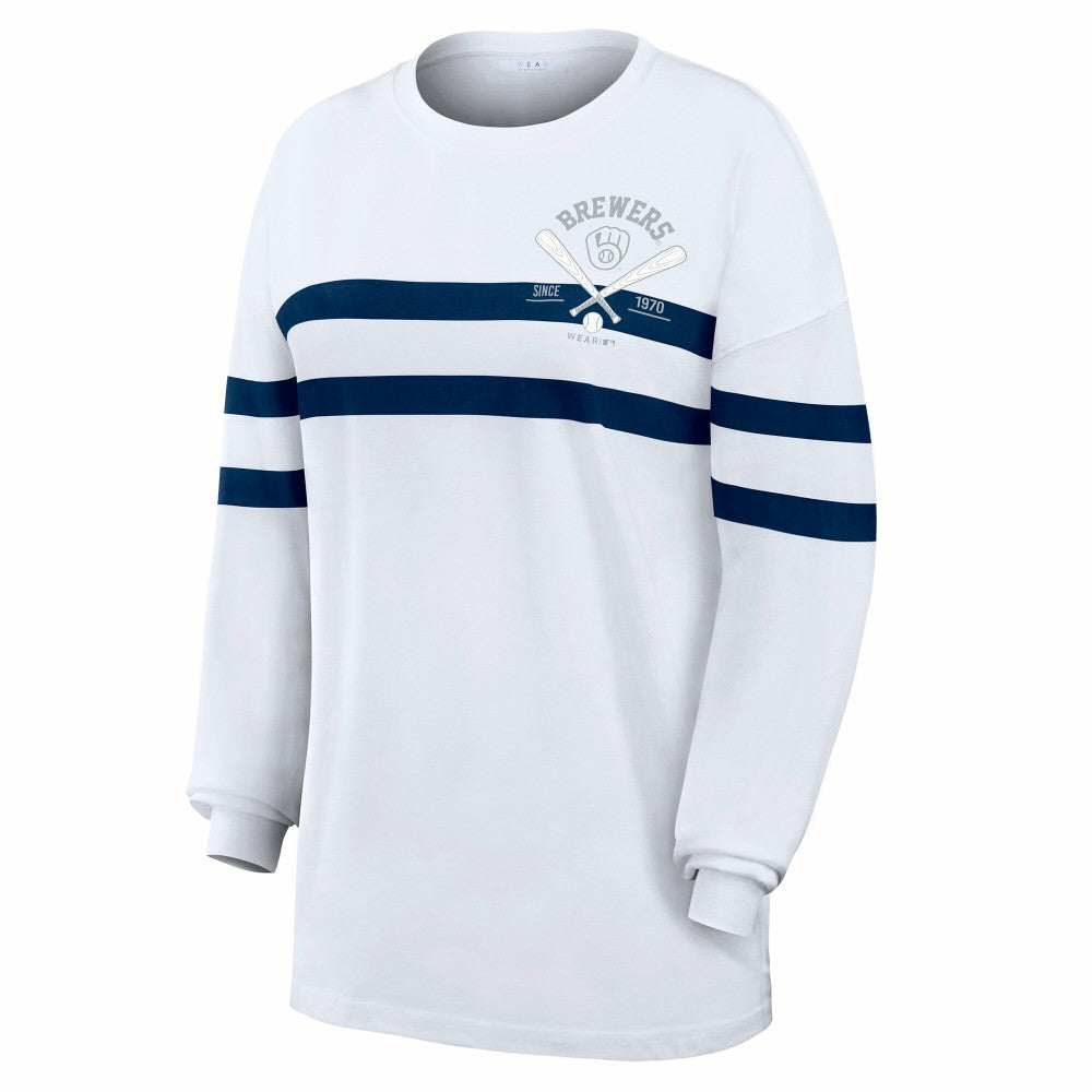 Milwaukee Brewers WEAR by Erin Andrews Women's Oversized Long Sleeve Striped T-Shirt White