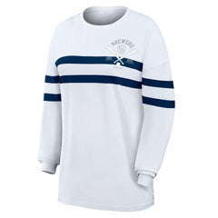 Milwaukee Brewers WEAR by Erin Andrews Women's Oversized Long Sleeve Striped T-Shirt White