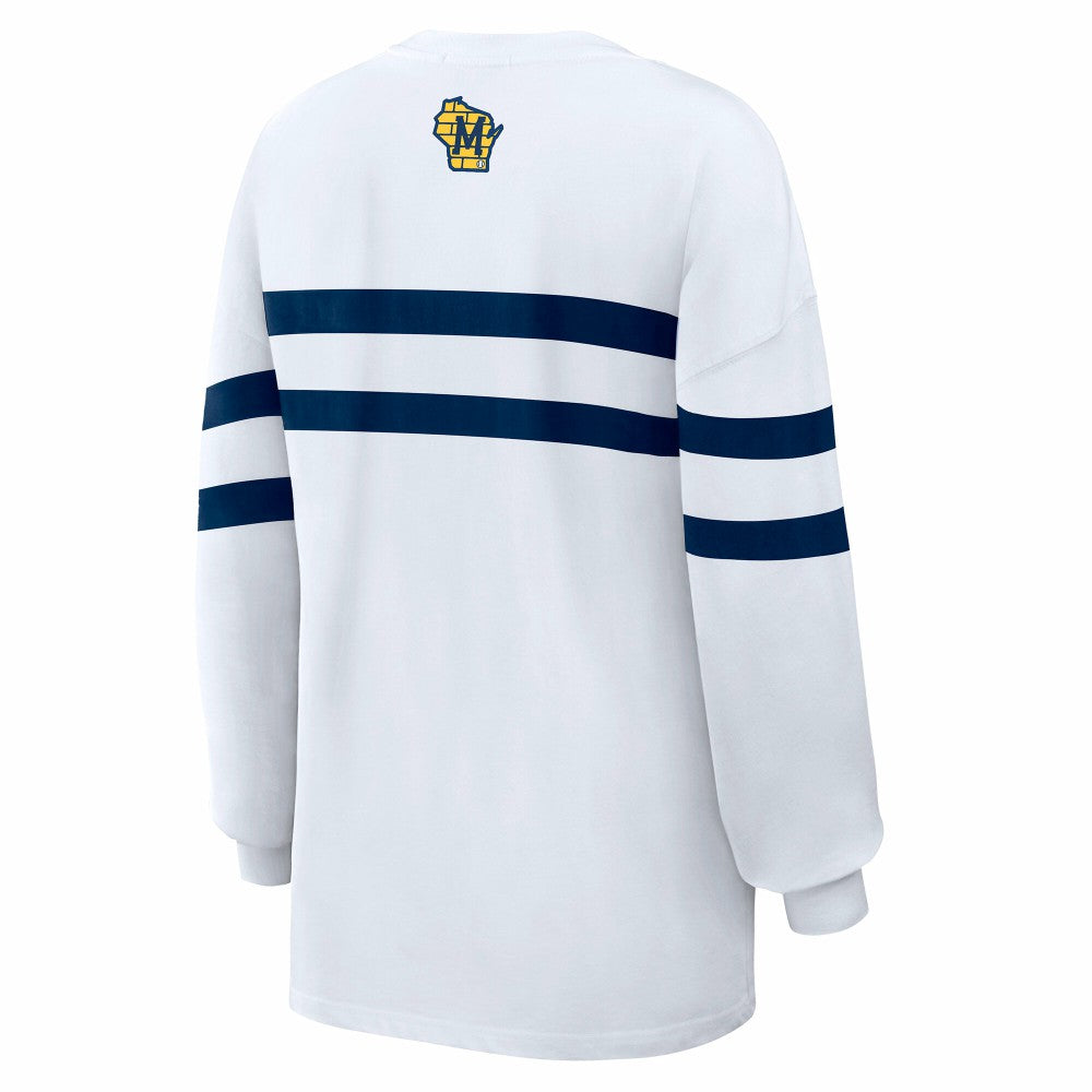 Milwaukee Brewers WEAR by Erin Andrews Women's Oversized Long Sleeve Striped T-Shirt White