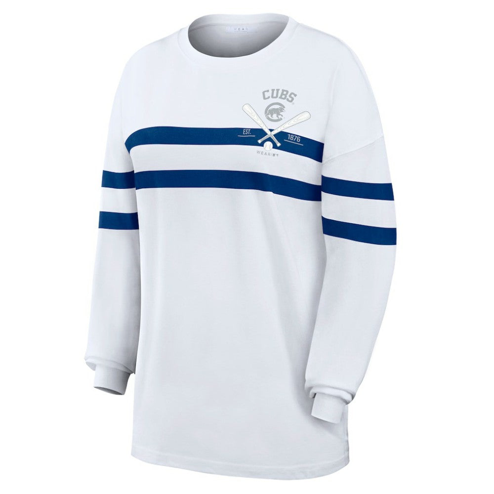 Chicago Cubs WEAR by Erin Andrews Women's Oversized Long Sleeve Striped T-Shirt White