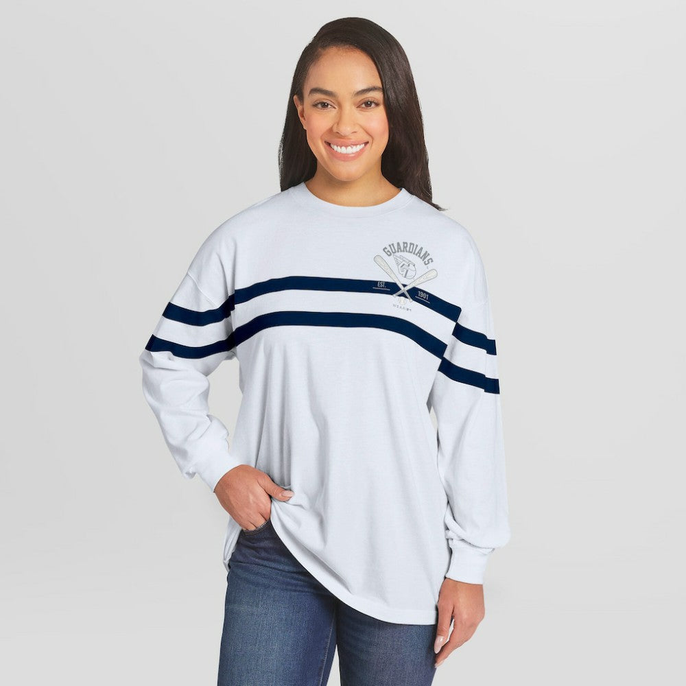 Cleveland Guardians WEAR by Erin Andrews Women's Oversized Long Sleeve Striped T-Shirt White