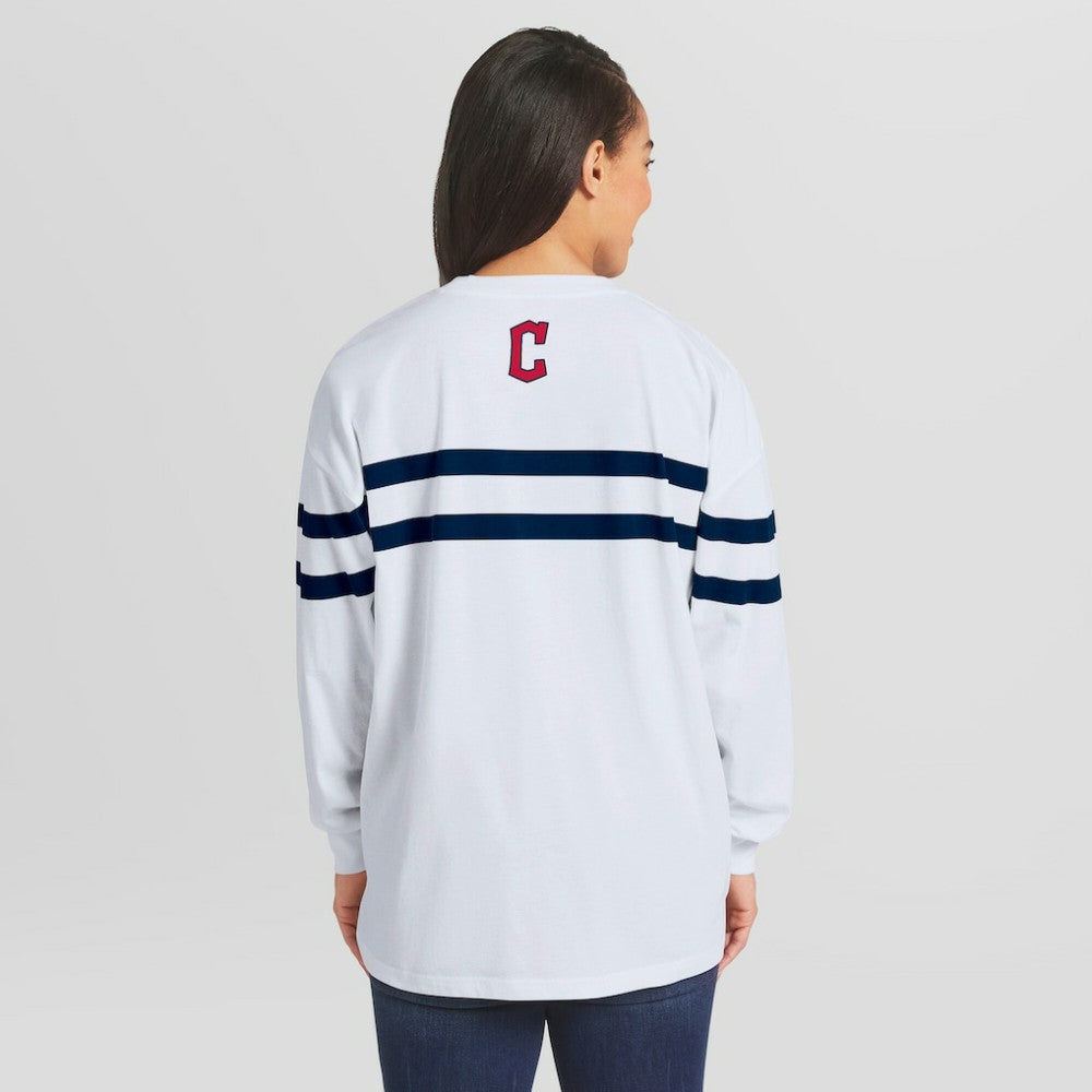 Cleveland Guardians WEAR by Erin Andrews Women's Oversized Long Sleeve Striped T-Shirt White