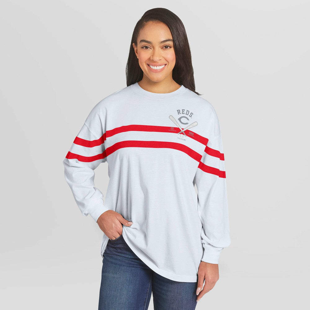 Cincinnati Reds WEAR by Erin Andrews Women's Oversized Long Sleeve Striped T-Shirt White