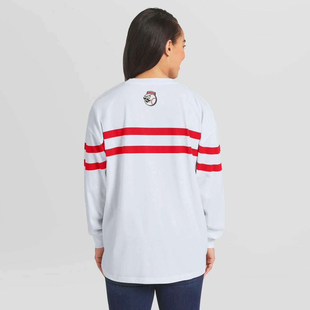 Cincinnati Reds WEAR by Erin Andrews Women's Oversized Long Sleeve Striped T-Shirt White