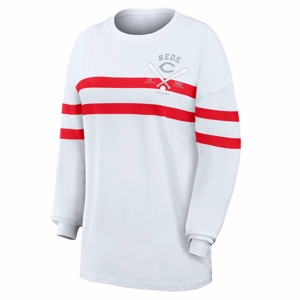 Cincinnati Reds WEAR by Erin Andrews Women's Oversized Long Sleeve Striped T-Shirt White