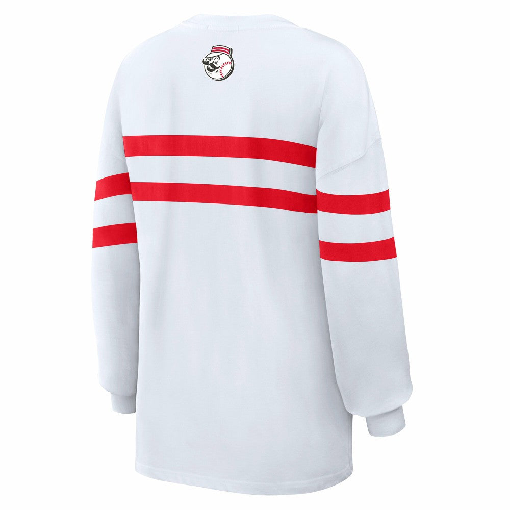 Cincinnati Reds WEAR by Erin Andrews Women's Oversized Long Sleeve Striped T-Shirt White