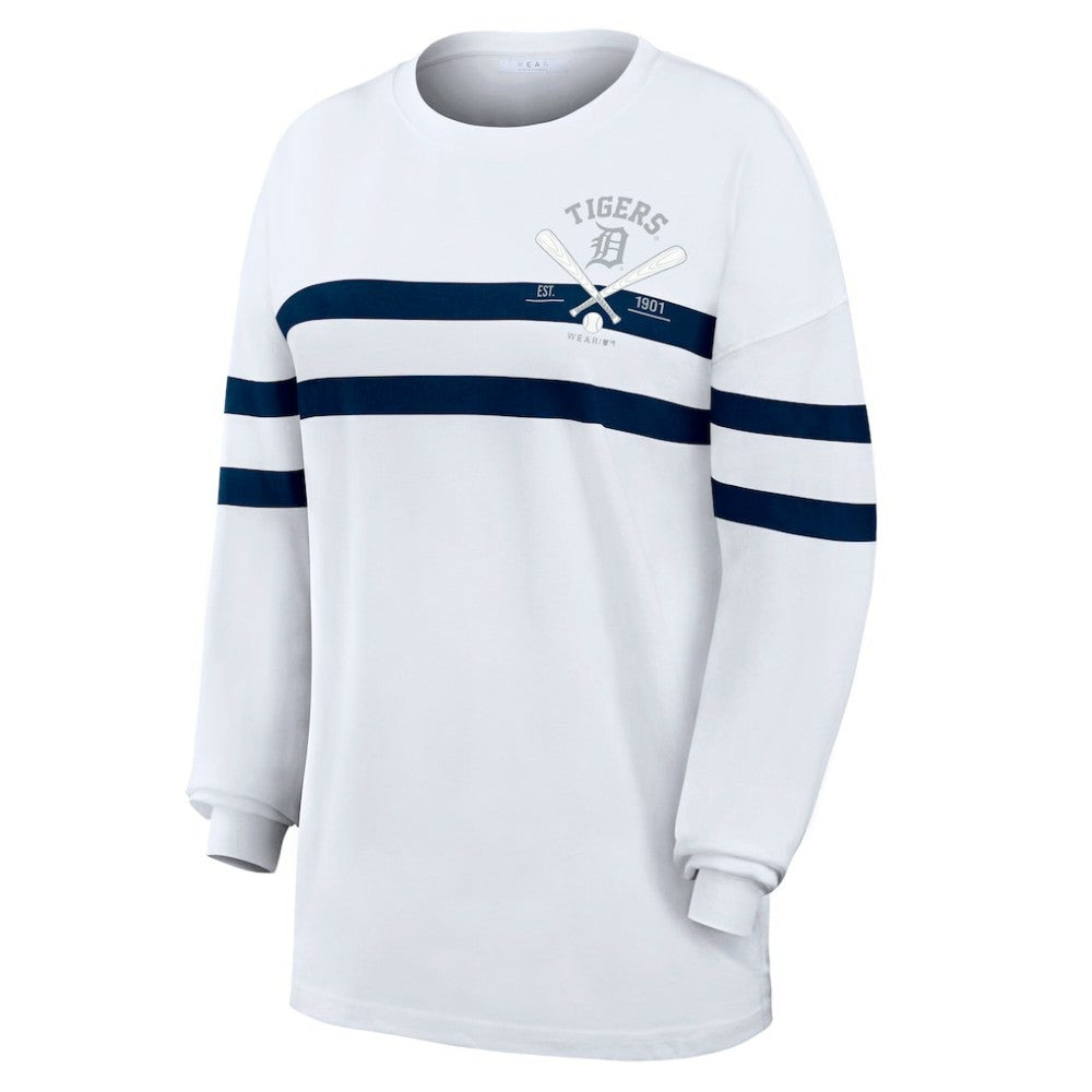 Detroit Tigers WEAR by Erin Andrews Women's Oversized Long Sleeve Striped T-Shirt White