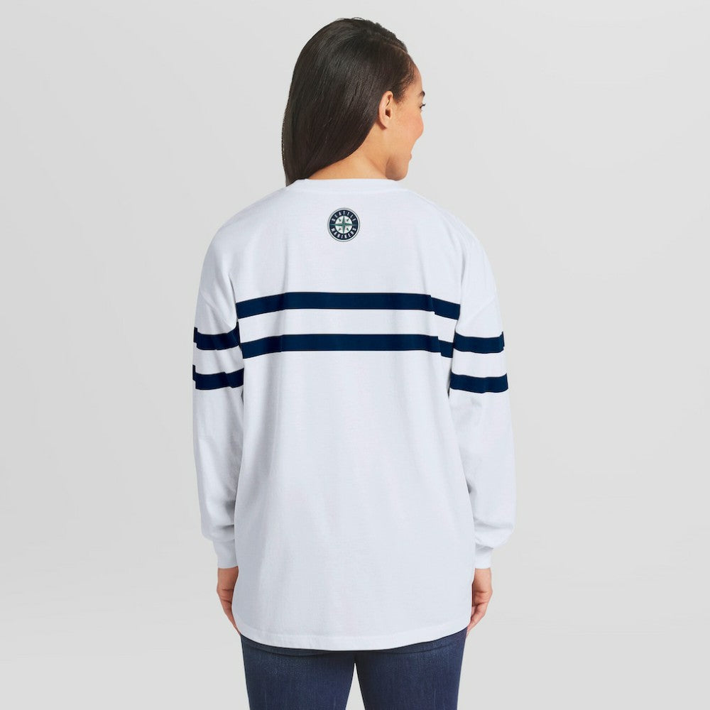 Seattle Mariners WEAR by Erin Andrews Women's Oversized Long Sleeve Striped T-Shirt White