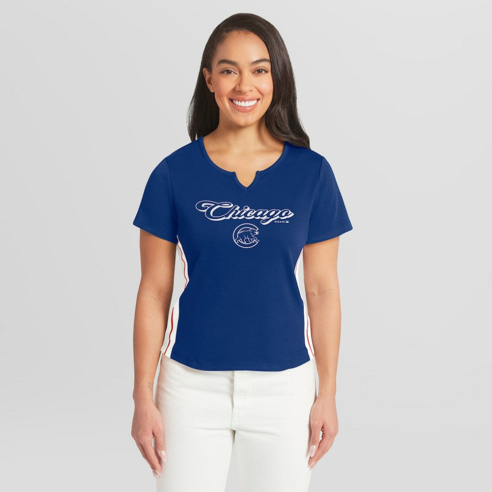 Chicago Cubs WEAR by Erin Andrews Women's Notch Neck Cropped T-Shirt Royal