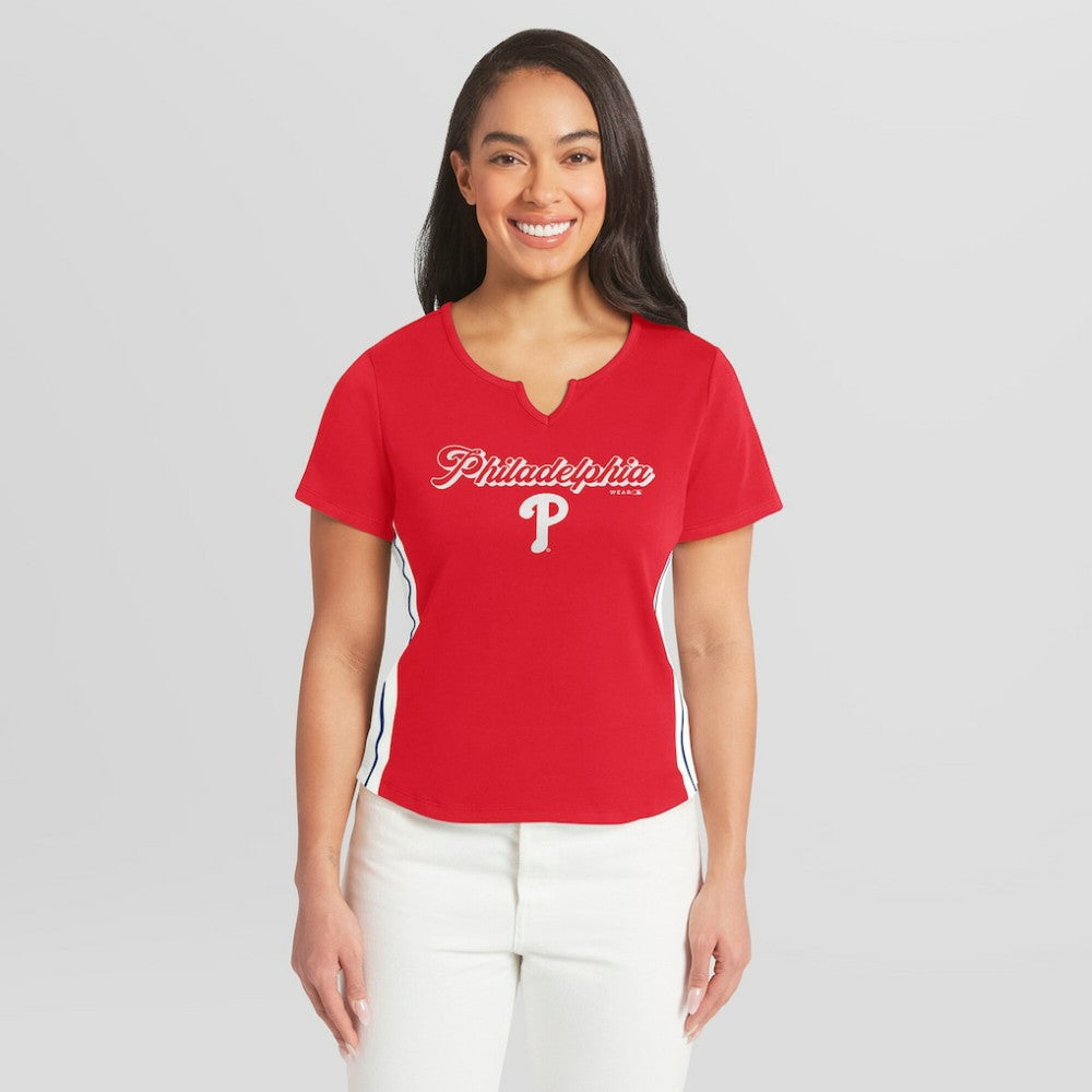 Philadelphia Phillies WEAR by Erin Andrews Women's Notch Neck Cropped T-Shirt Red