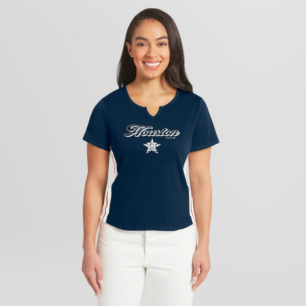 Houston Astros WEAR by Erin Andrews Women's Notch Neck Cropped T-Shirt Navy