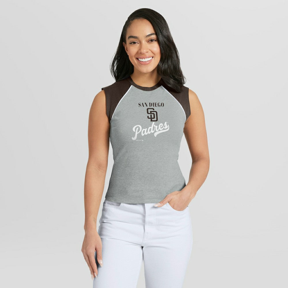 San Diego Padres WEAR by Erin Andrews Women's Cropped Raglan Tank Top Heather Gray
