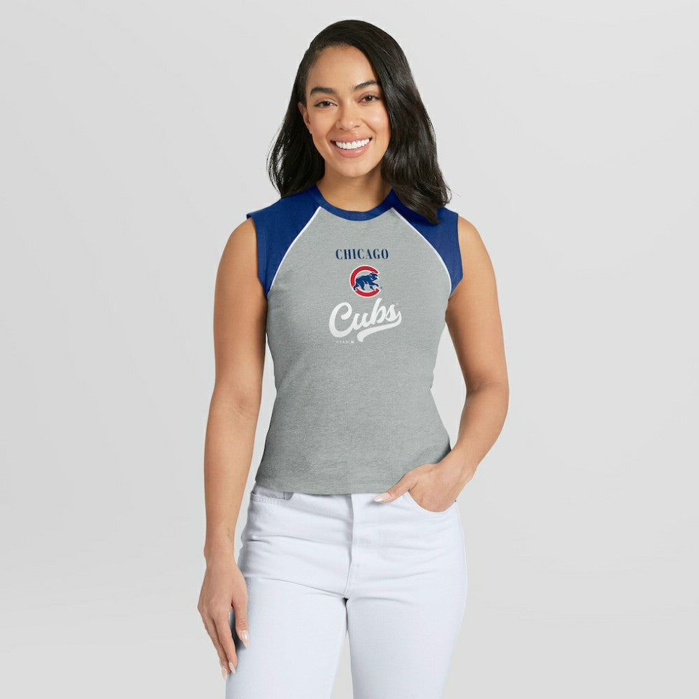 Chicago Cubs WEAR by Erin Andrews Women's Cropped Raglan Tank Top Heather Gray