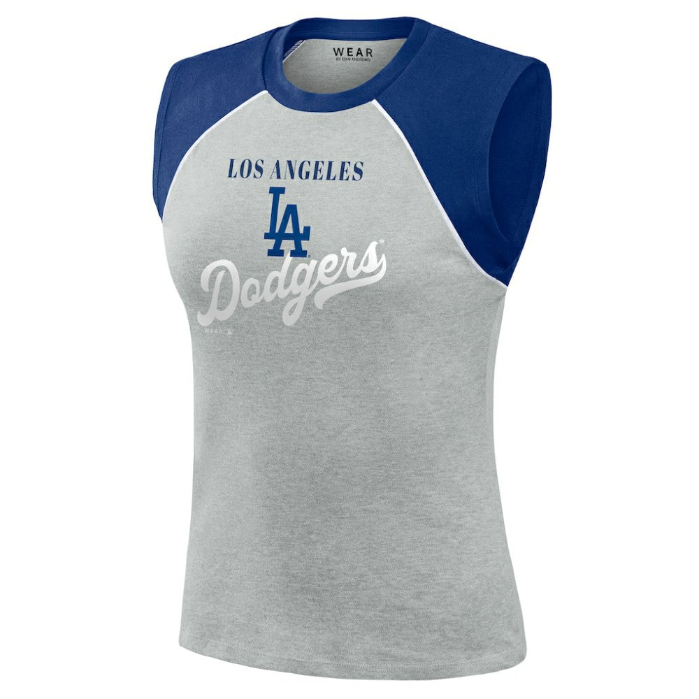 Los Angeles Dodgers WEAR by Erin Andrews Women's Cropped Raglan Tank Top Heather Gray