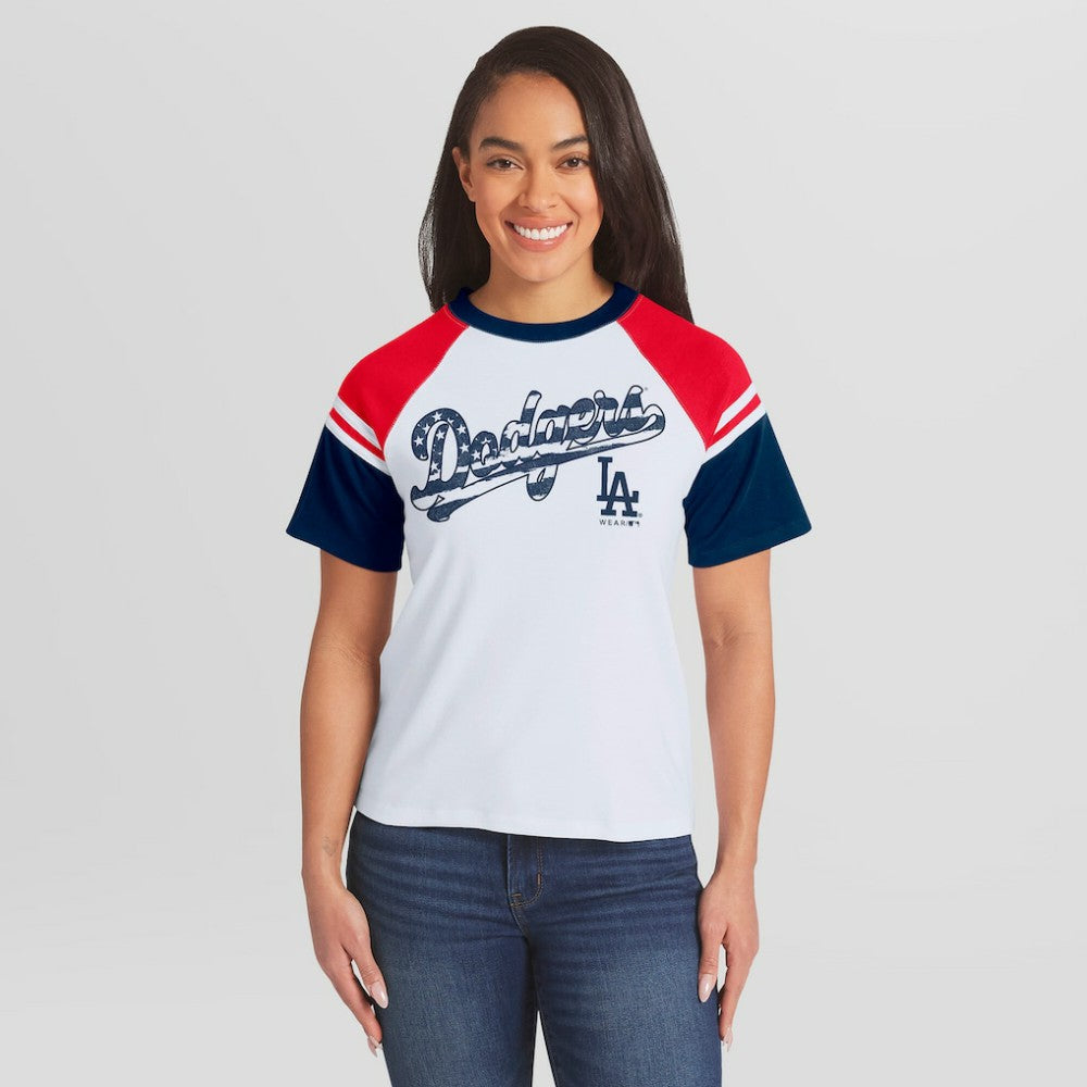 Los Angeles Dodgers WEAR by Erin Andrews Women's Striped Raglan T-Shirt White