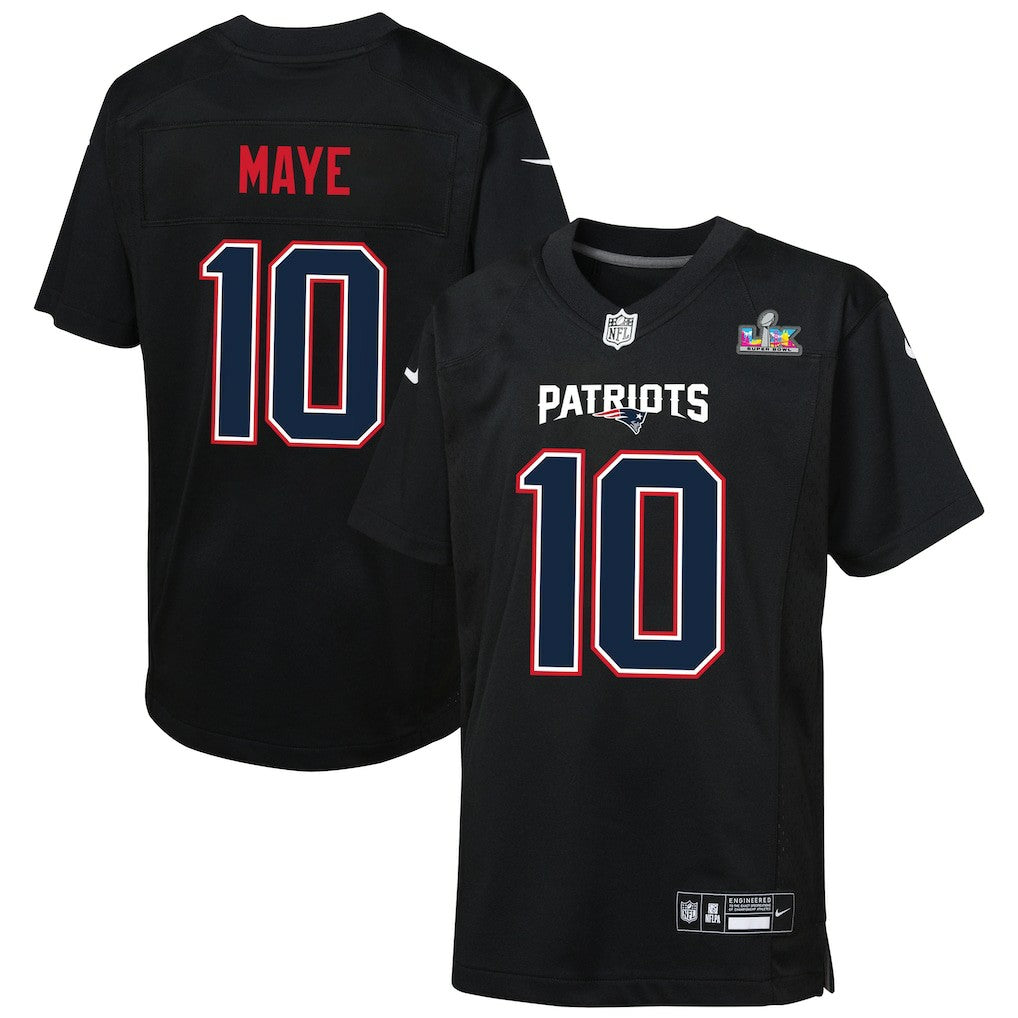 Drake Maye New England Patriots Youth Super Bowl LX Patch Carbon Fashion Game Jersey - Black