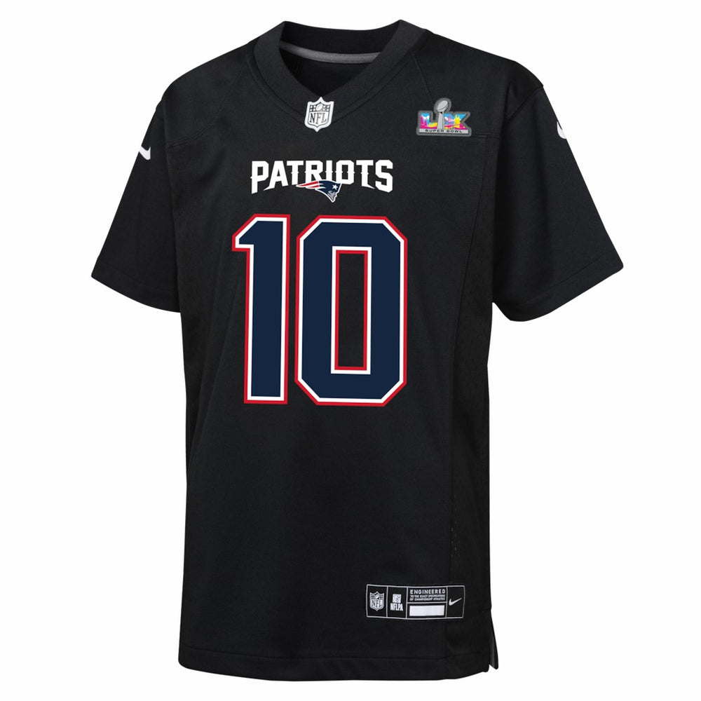 Drake Maye New England Patriots Youth Super Bowl LX Patch Carbon Fashion Game Jersey - Black