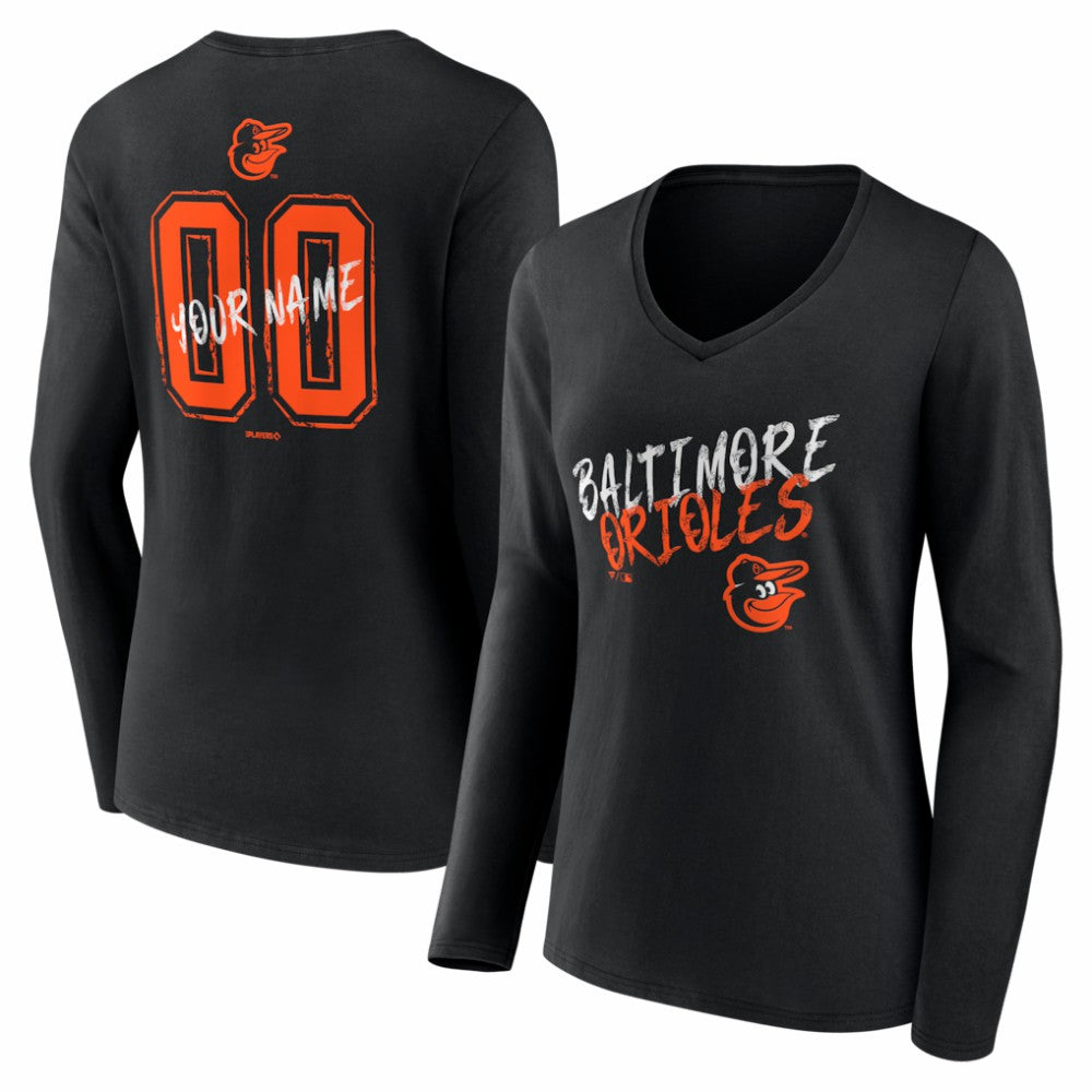 Baltimore Orioles Women's Hustle Personalized Name & Number Long Sleeve V-Neck T-Shirt Black