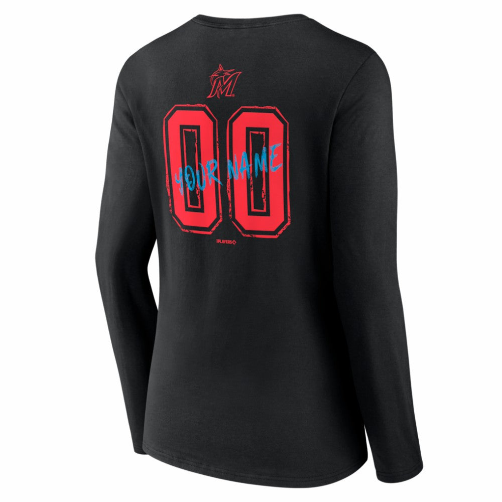 Miami Marlins Women's Hustle Personalized Name & Number Long Sleeve V-Neck T-Shirt Black