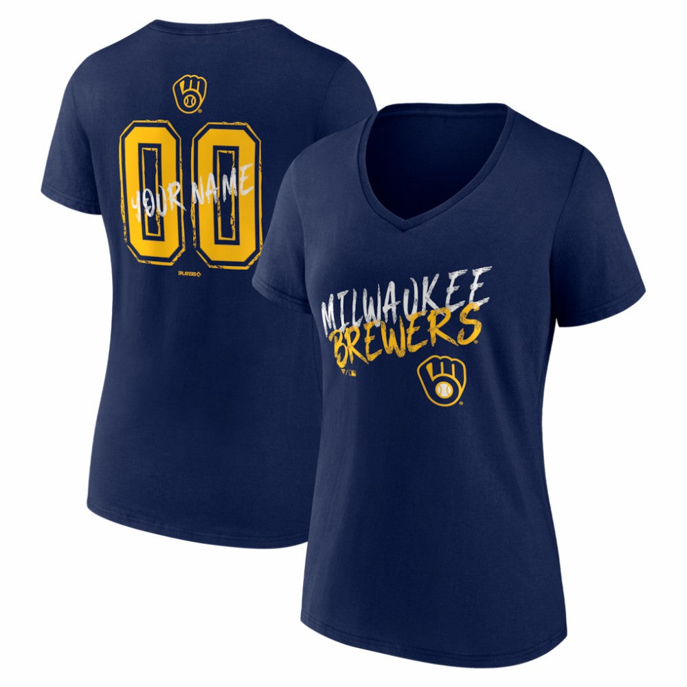Milwaukee Brewers Women's Hustle Personalized Name & Number V-Neck T-Shirt Navy