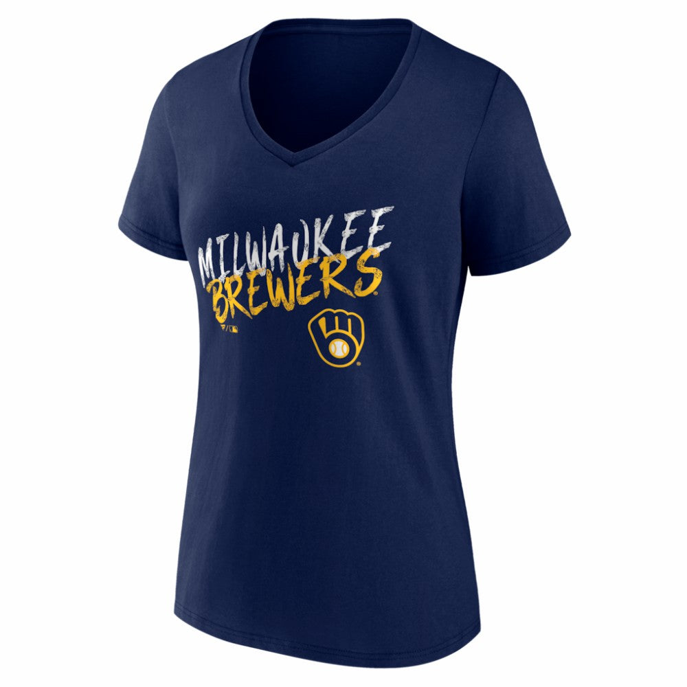 Milwaukee Brewers Women's Hustle Personalized Name & Number V-Neck T-Shirt Navy
