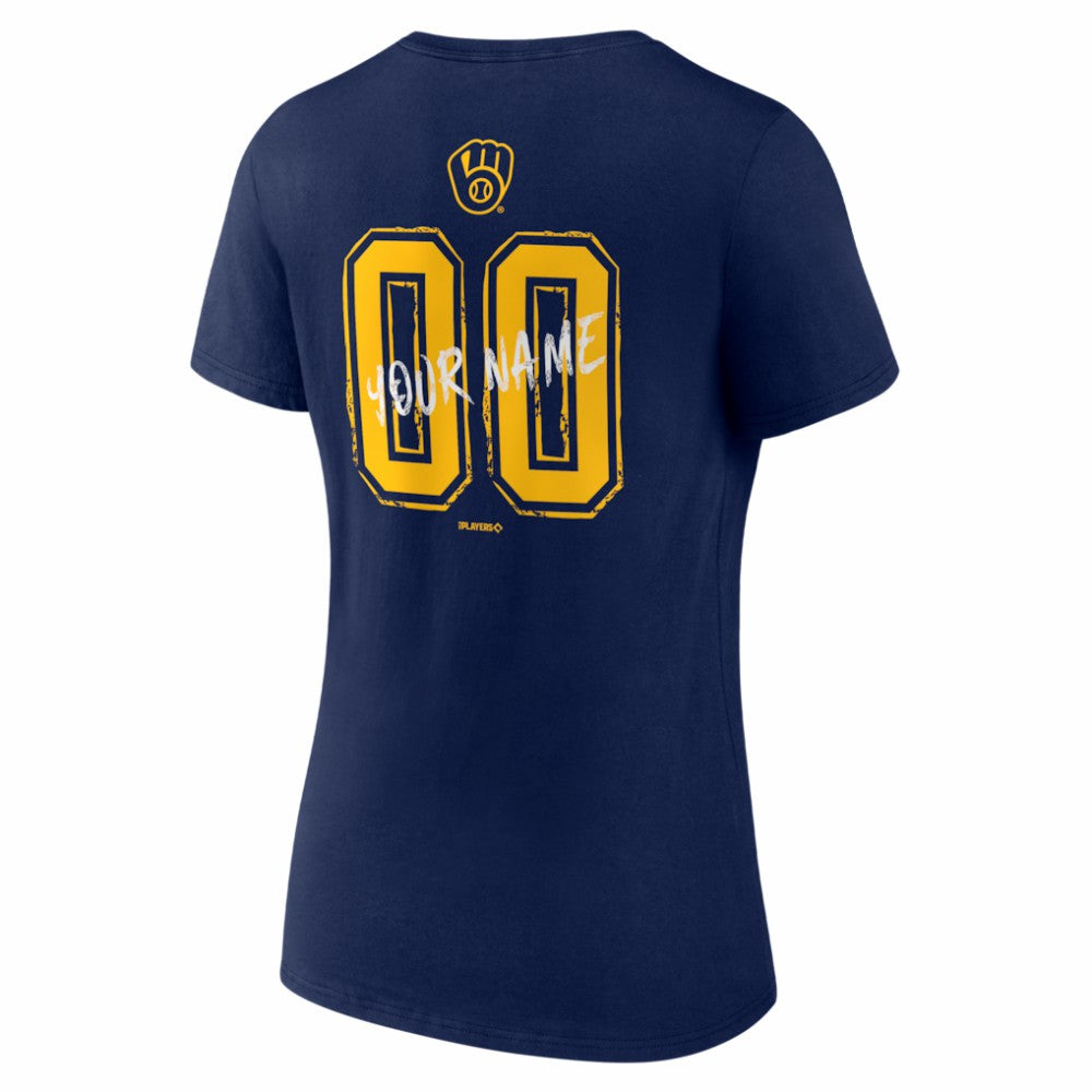 Milwaukee Brewers Women's Hustle Personalized Name & Number V-Neck T-Shirt Navy