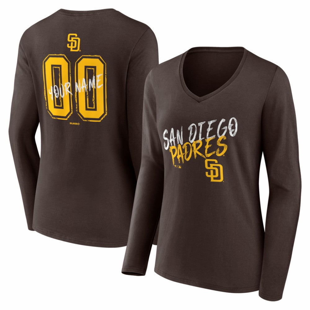 San Diego Padres Women's Hustle Personalized Name & Number Long Sleeve V-Neck T-Shirt Brown
