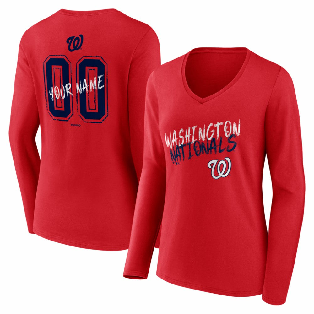 Washington Nationals Women's Hustle Personalized Name & Number Long Sleeve V-Neck T-Shirt Red