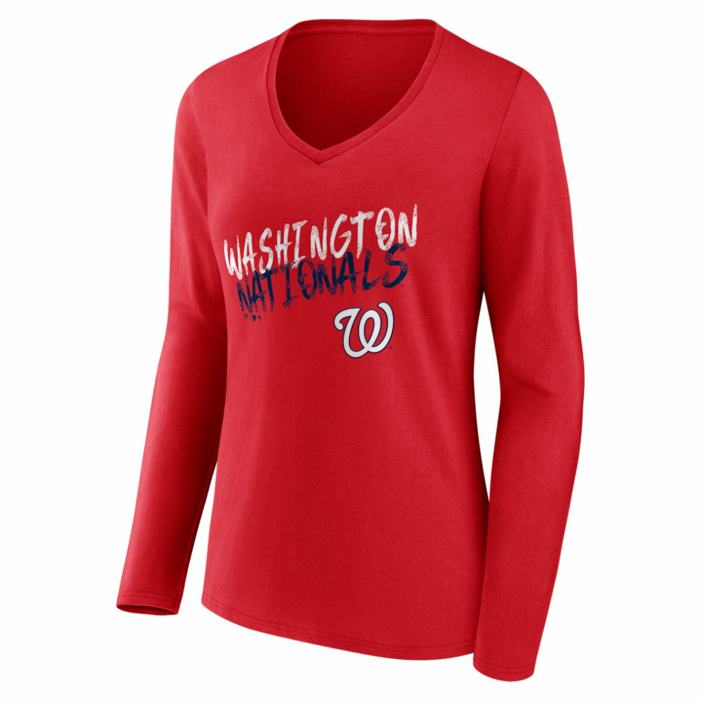 Washington Nationals Women's Hustle Personalized Name & Number Long Sleeve V-Neck T-Shirt Red