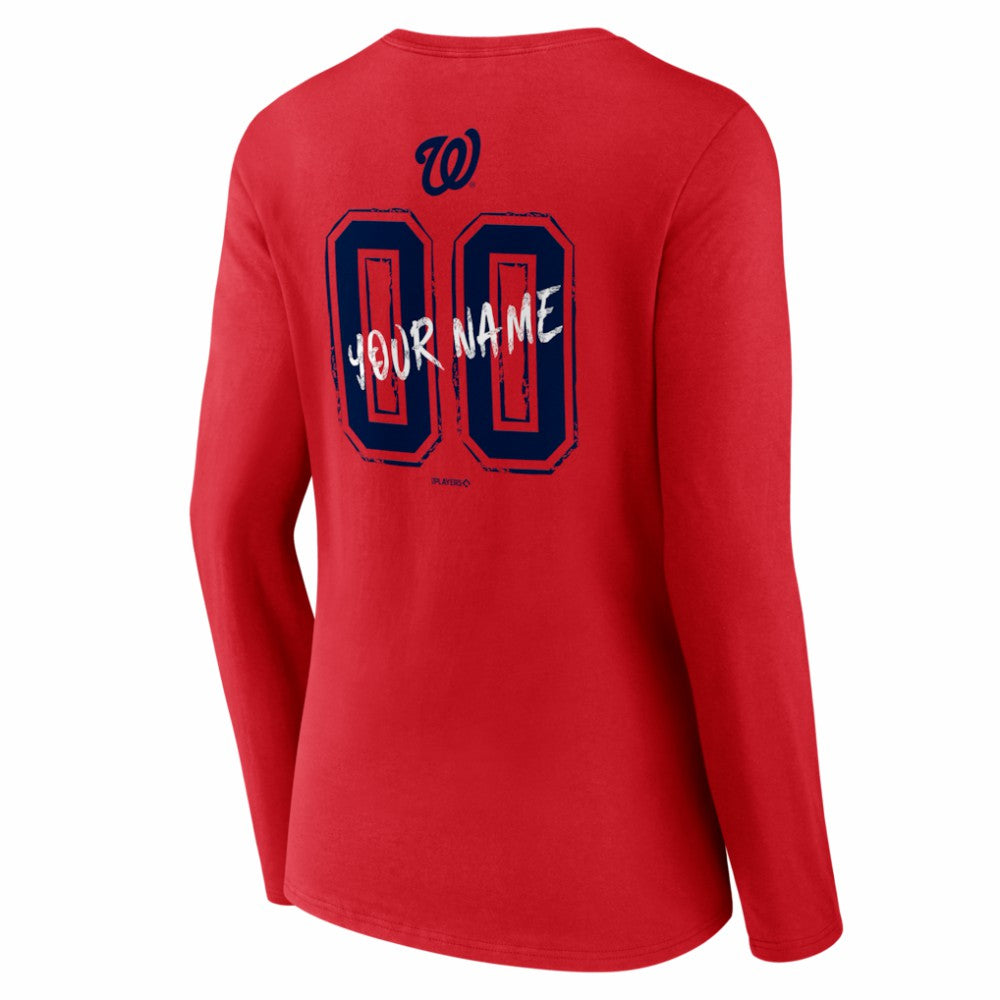 Washington Nationals Women's Hustle Personalized Name & Number Long Sleeve V-Neck T-Shirt Red
