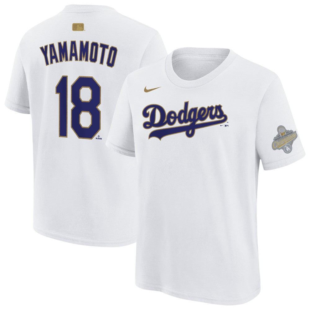 Yoshinobu Yamamoto Los Angeles Dodgers Youth 2026 Gold Collection Name & Number T-Shirt White | Nike