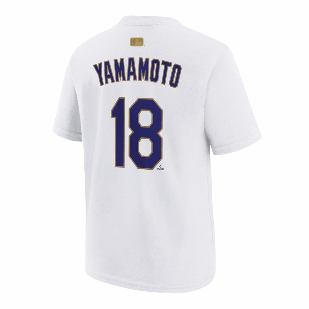 Yoshinobu Yamamoto Los Angeles Dodgers Youth 2026 Gold Collection Name & Number T-Shirt White | Nike
