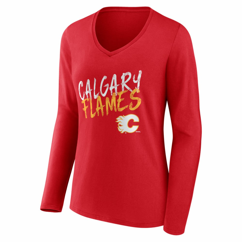 Calgary Flames Women's Hustle Personalized Name & Number Long Sleeve V-Neck T-Shirt Red