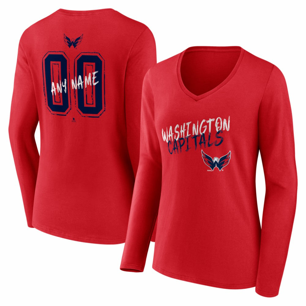 Washington Capitals Women's Hustle Personalized Name & Number Long Sleeve V-Neck T-Shirt Red