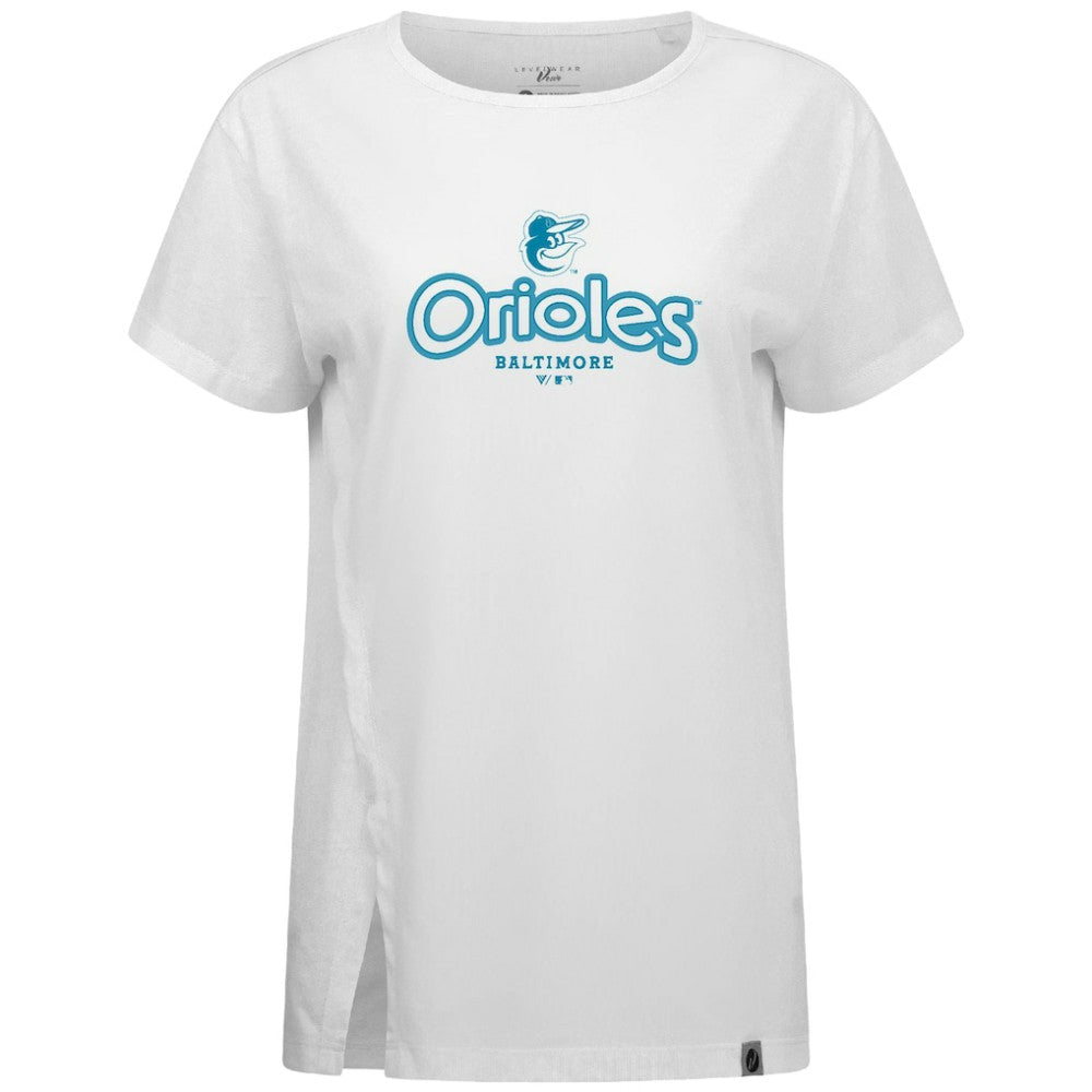 Baltimore Orioles Levelwear Women's Blue Haven Influx Cornerstone T-Shirt White