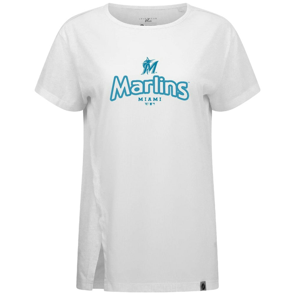 Miami Marlins Levelwear Women's Blue Haven Influx Cornerstone T-Shirt White