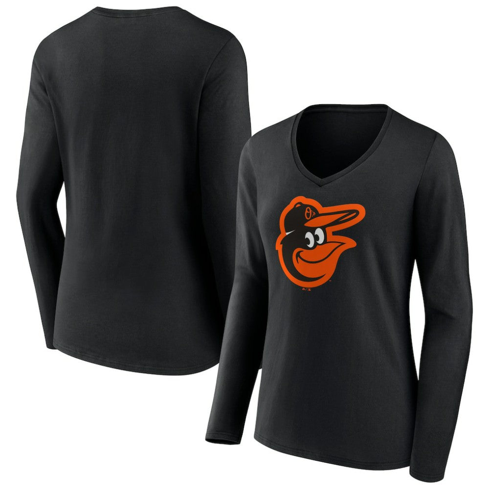 Baltimore Orioles Women's Team Color Primary Logo V-Neck Long Sleeve T-Shirt Black