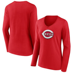 Cincinnati Reds Women's Team Color Primary Logo V-Neck Long Sleeve T-Shirt Red