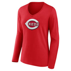 Cincinnati Reds Women's Team Color Primary Logo V-Neck Long Sleeve T-Shirt Red