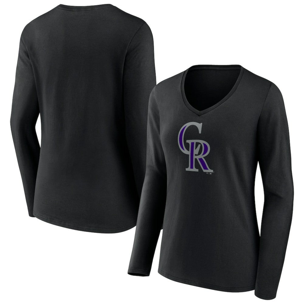 Colorado Rockies Women's Team Color Primary Logo V-Neck Long Sleeve T-Shirt Black