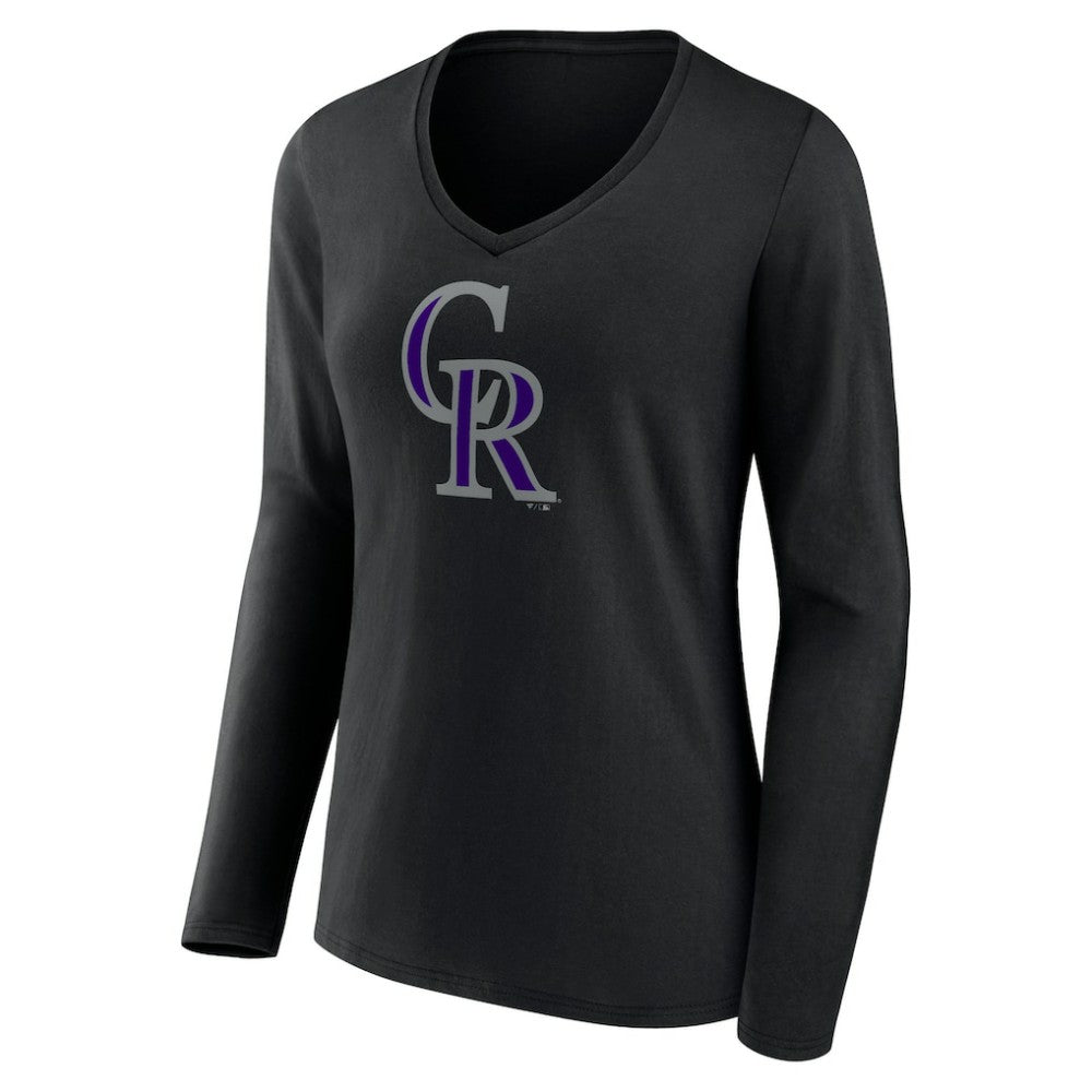 Colorado Rockies Women's Team Color Primary Logo V-Neck Long Sleeve T-Shirt Black