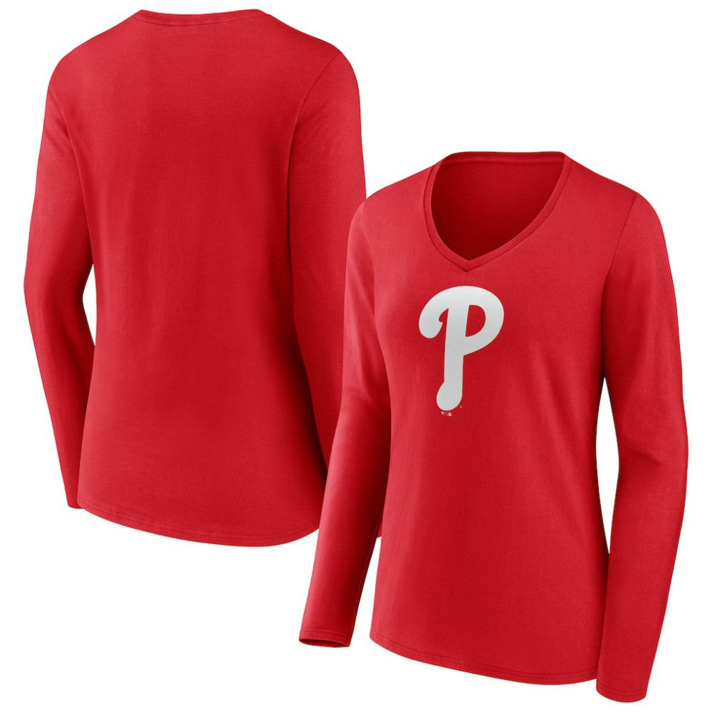 Philadelphia Phillies Women's Team Color Primary Logo V-Neck Long Sleeve T-Shirt Red