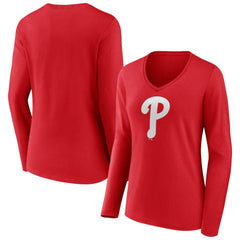 Philadelphia Phillies Women's Team Color Primary Logo V-Neck Long Sleeve T-Shirt Red