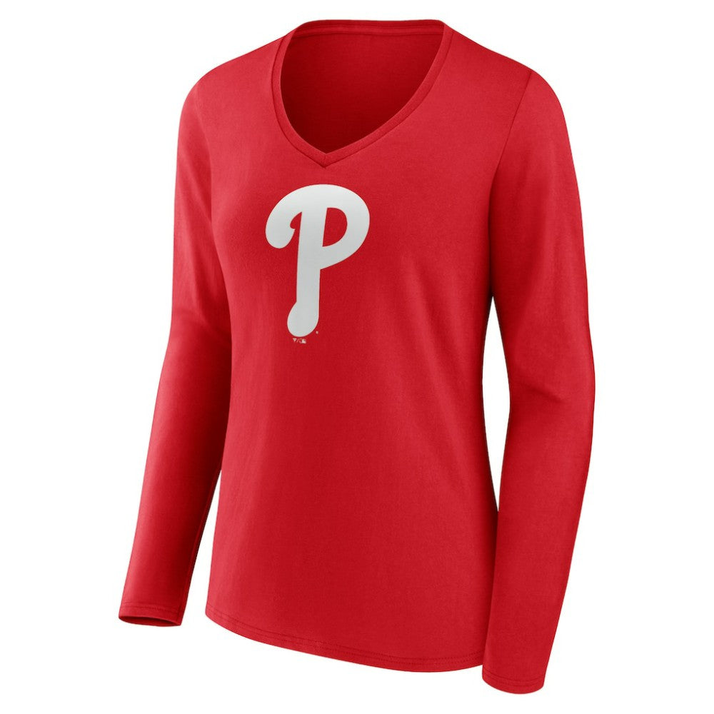 Philadelphia Phillies Women's Team Color Primary Logo V-Neck Long Sleeve T-Shirt Red