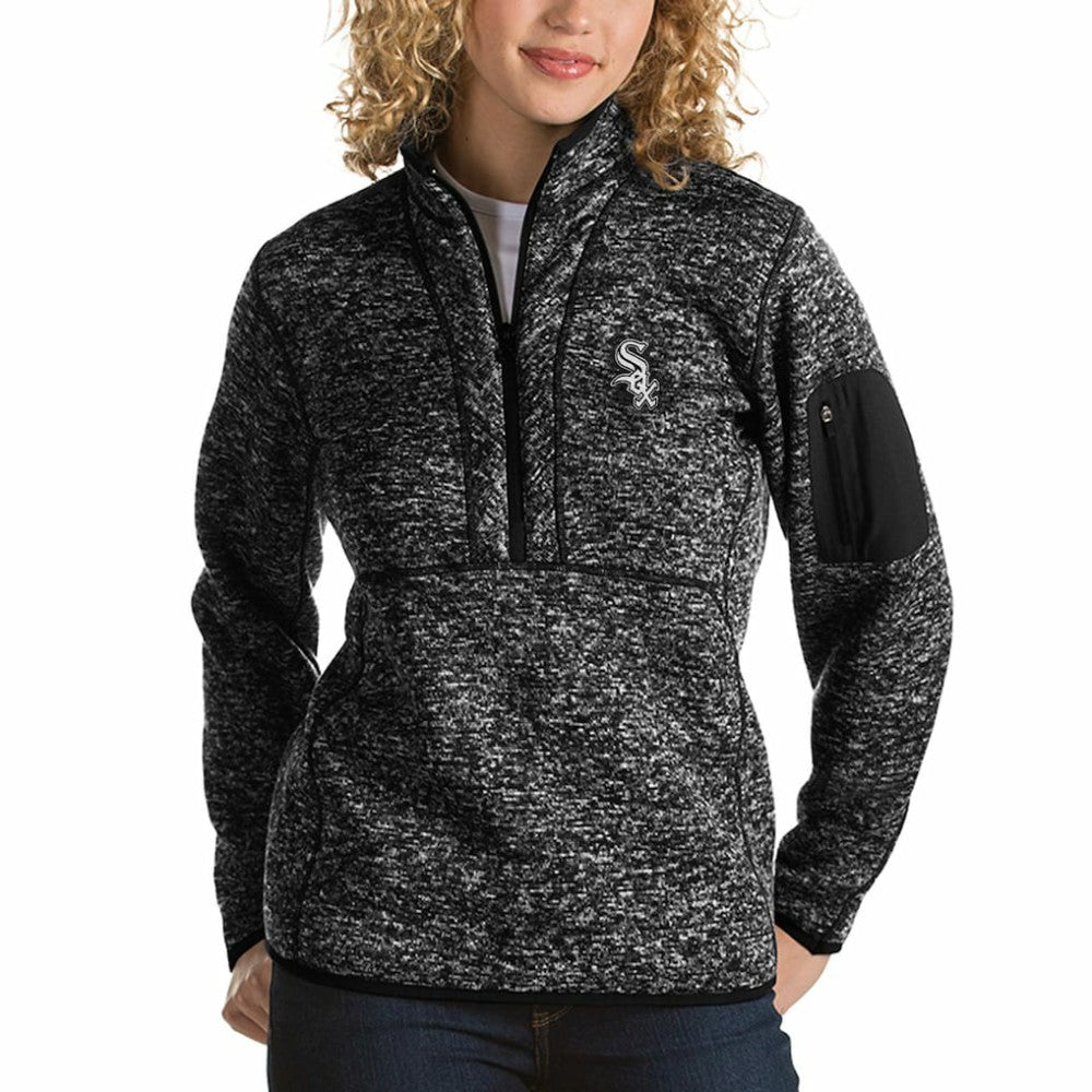Chicago White Sox Antigua Women's Fortune Half-Zip Pullover Sweater Heathered Black