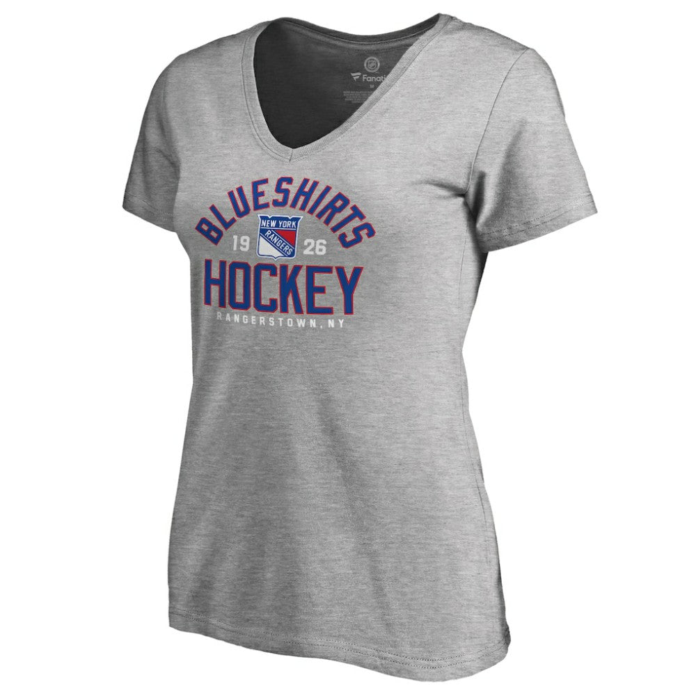 New York Rangers Women's Hometown Collection Blue Shirts Hockey V-Neck T-Shirt ash