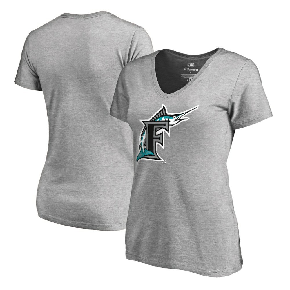 Miami Marlins Women's Cooperstown Collection Forbes V-Neck T-Shirt Heather Gray
