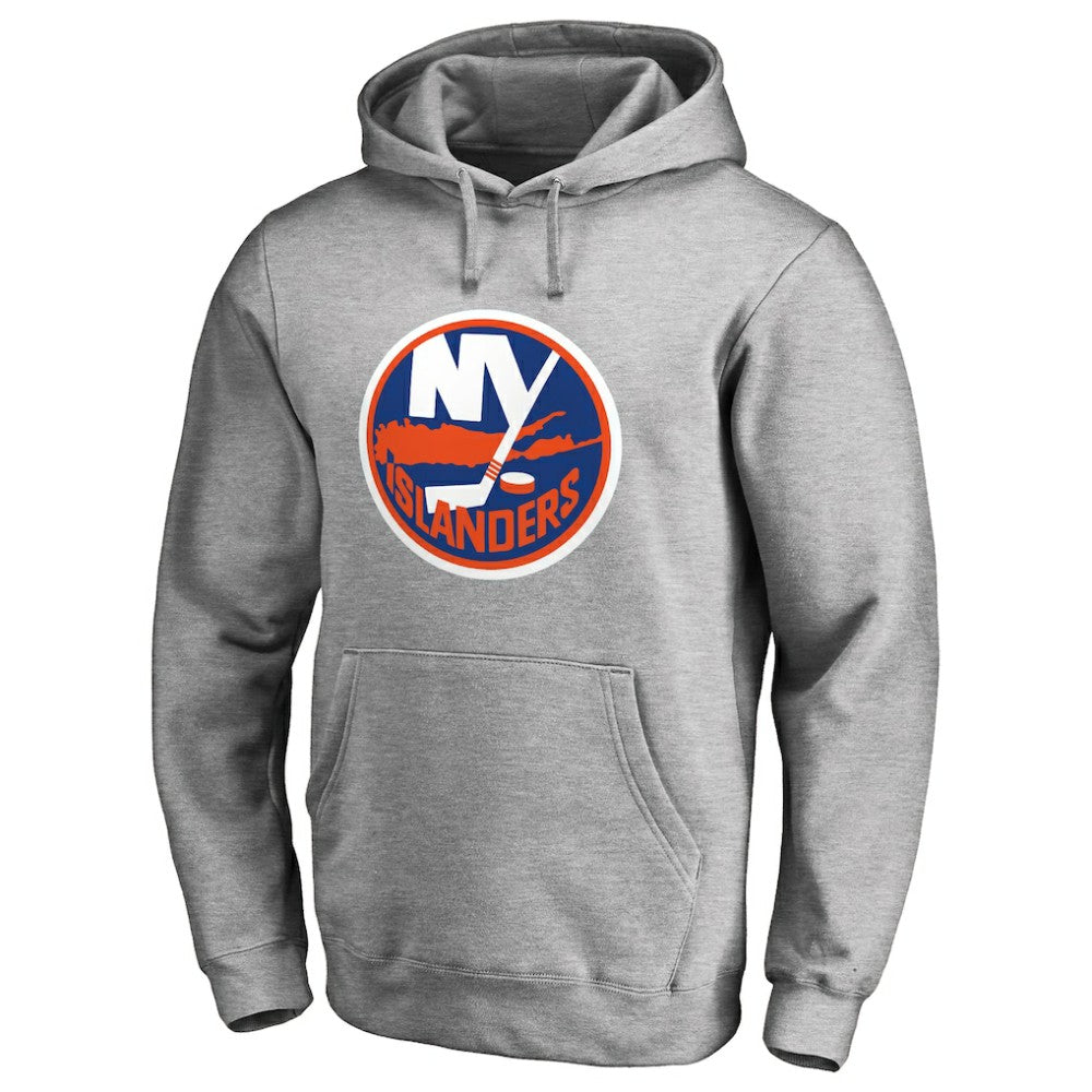 New York Islanders Primary Team Logo Fleece Fitted Pullover Hoodie Heather Gray